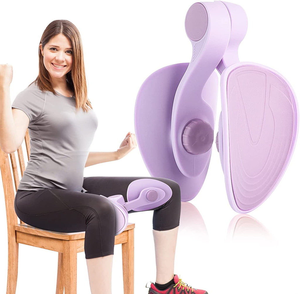 Woman using purple thigh exercise equipment on chair, IndianChic fitness gear