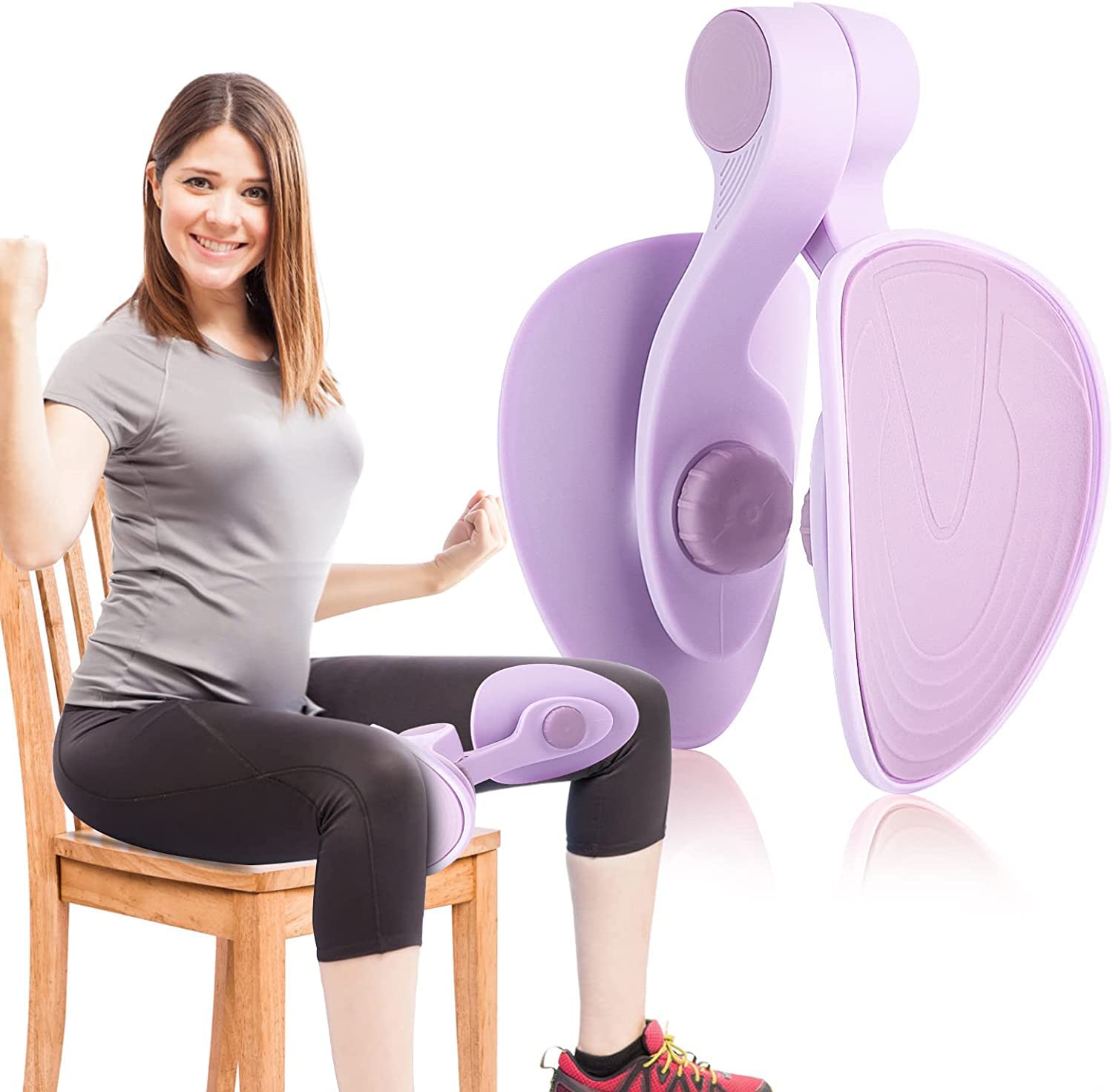 Woman using purple thigh exercise equipment on chair, IndianChic fitness gear