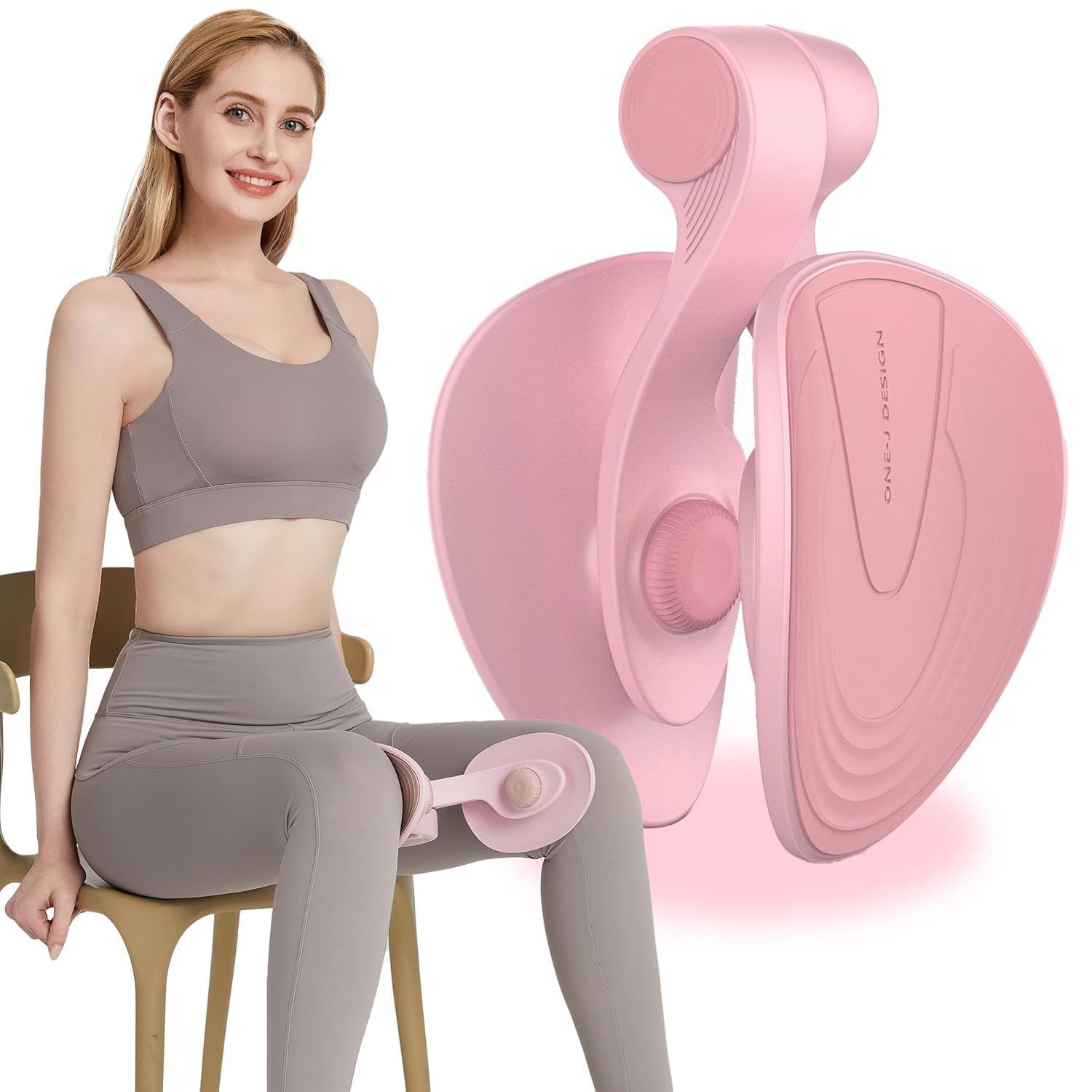 Woman in workout outfit using a pink thigh toner fitness device, IndianChic home exercise accessory
