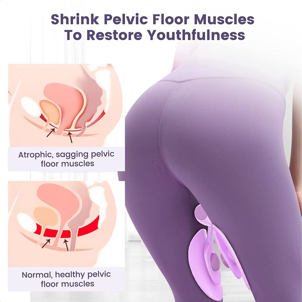 Pelvic floor muscle exerciser demonstration, woman in purple leggings, IndianChic wellness product